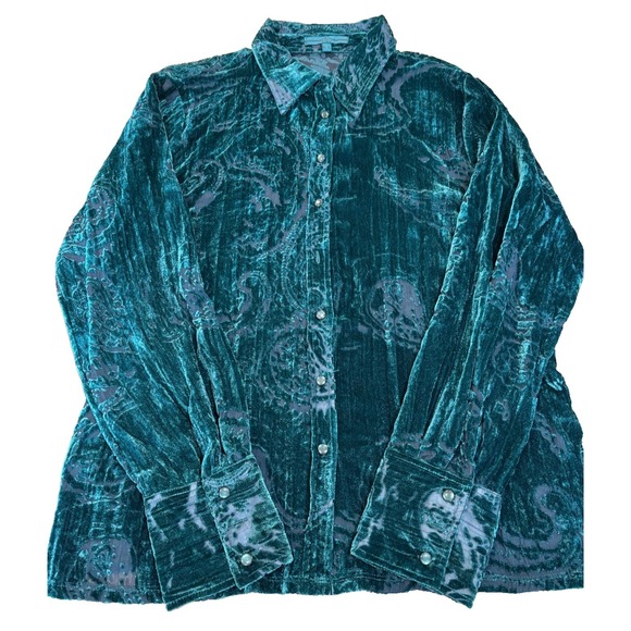 CYC Tops - CYC green velvet burnout paisley button up long sleeve blouse womens' sz XL sexy